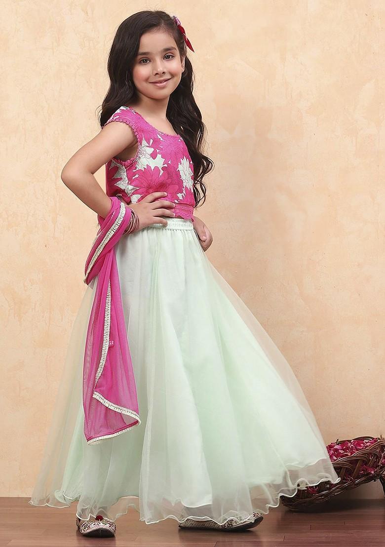 Green Printed Blended Lehenga Choli For Girls - Indya