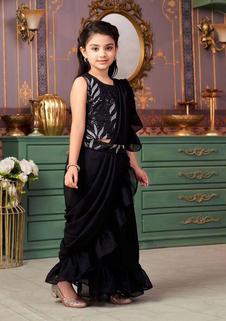 Black Embellished Blended Lehenga Choli For Girls - Indya