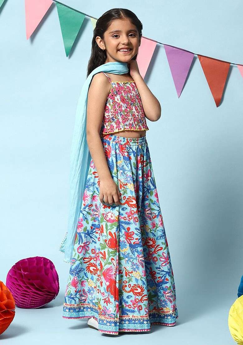 Pink Printed Blended Lehenga Choli For Girls - Indya