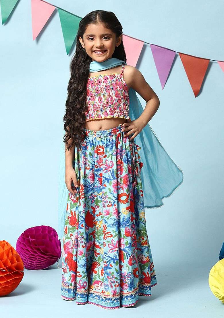 Pink Printed Blended Lehenga Choli For Girls - Indya