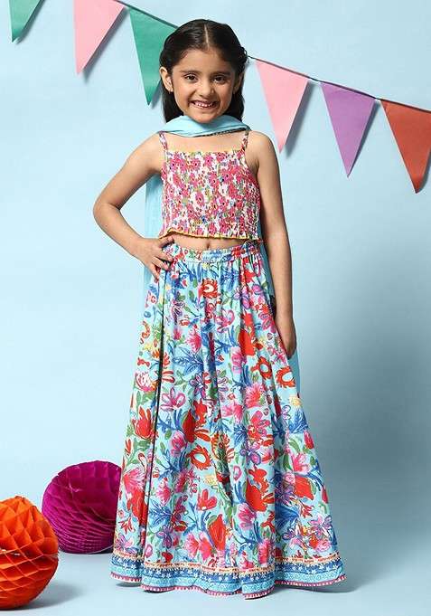 Pink Printed Blended Lehenga Choli For Girls