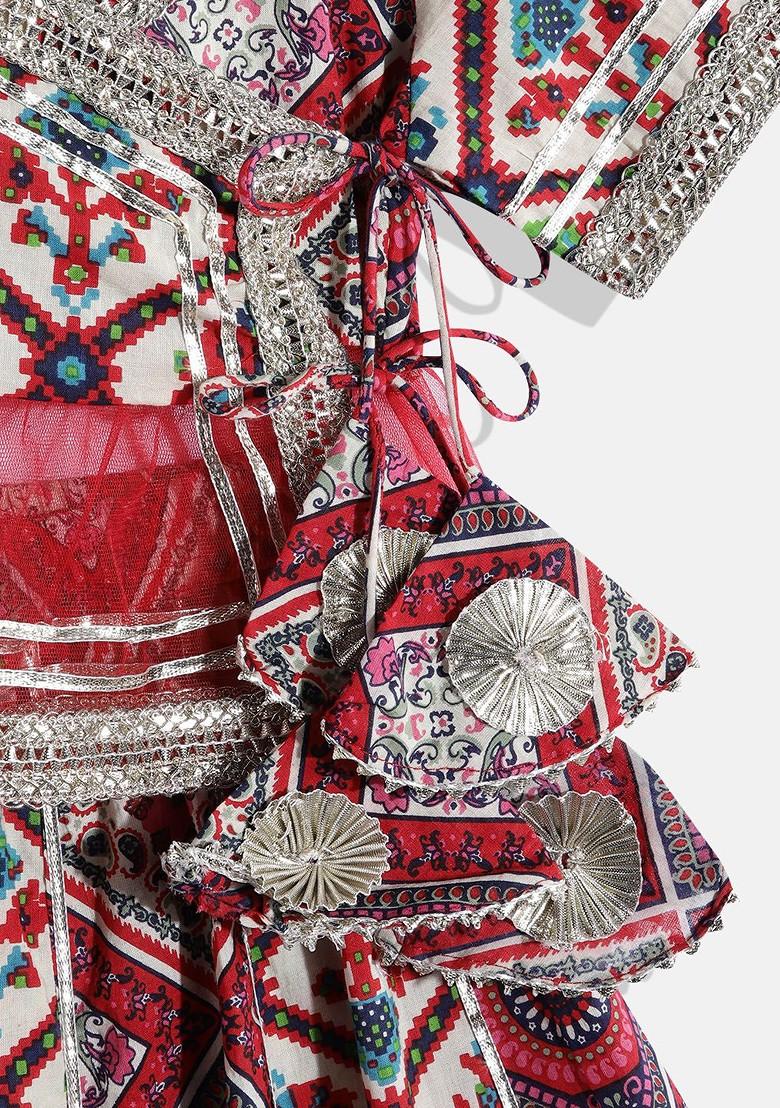 Red Printed Blended Lehenga Choli For Girls - Indya