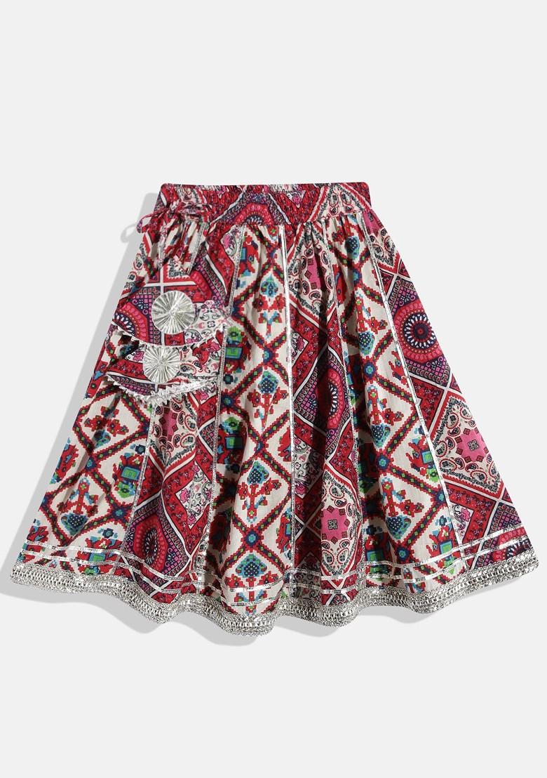 Red Printed Blended Lehenga Choli For Girls - Indya