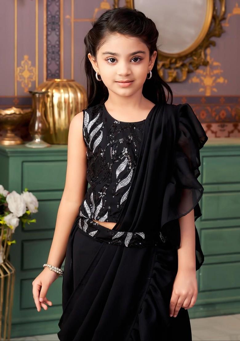 Black Embroidered Georgette Lehenga Choli For Girls - Indya