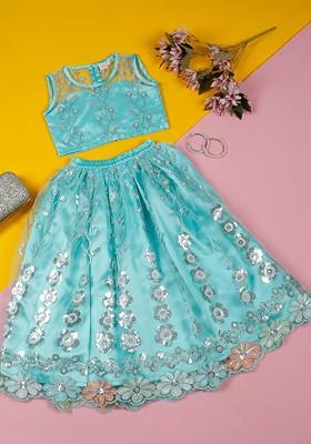 Blue Embroidered Blended Lehenga Choli For Girls