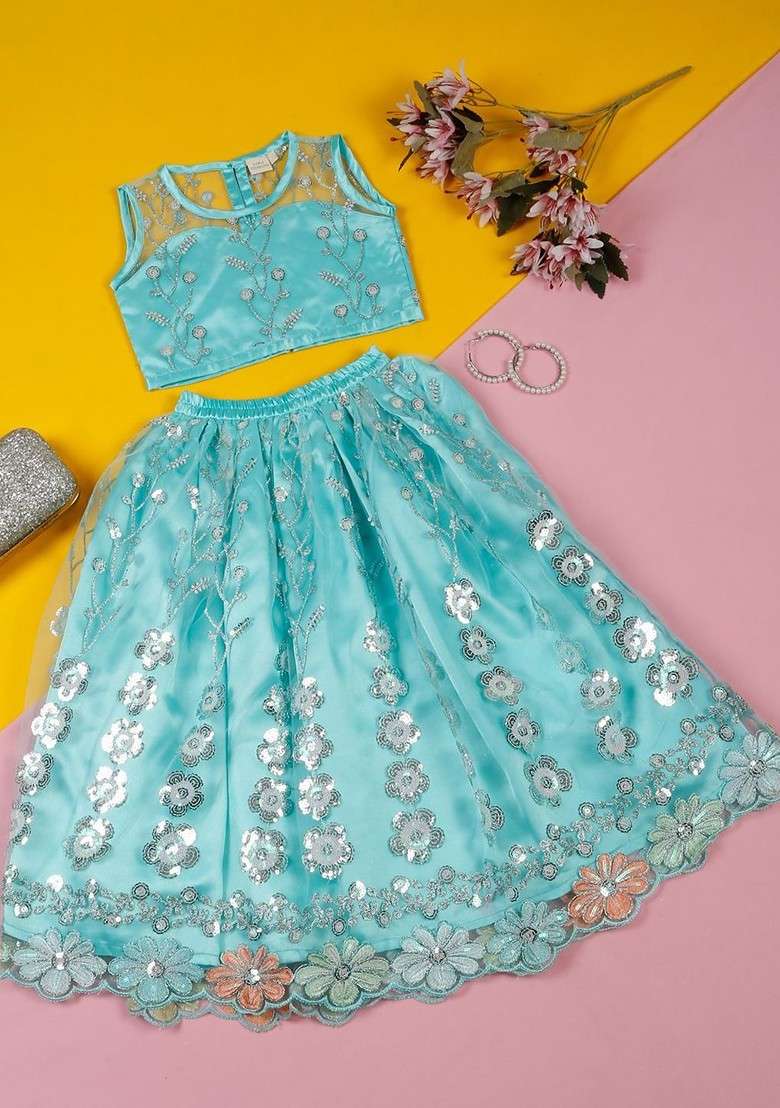 Blue Embroidered Blended Lehenga Choli For Girls - Indya