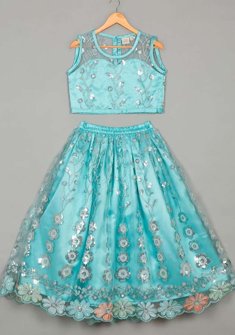 Blue Embroidered Blended Lehenga Choli For Girls - Indya