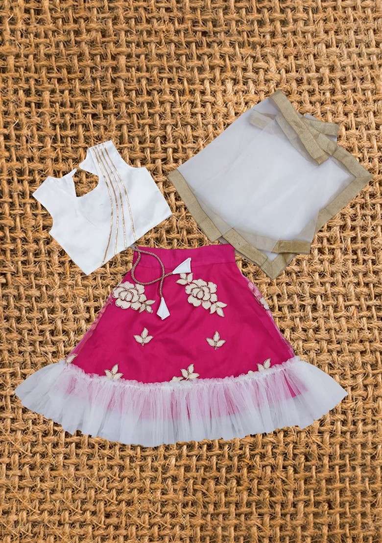 Fuchsia Embroidered Blended Lehenga Choli For Girls - Indya