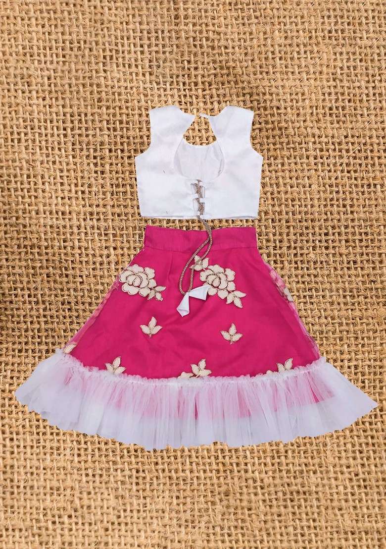 Fuchsia Embroidered Blended Lehenga Choli For Girls - Indya