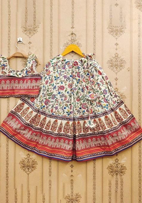 White Printed Blended Lehenga Choli For Girls