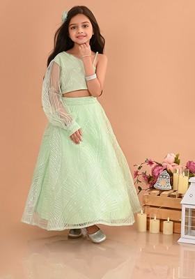 Green Embellished Blended Lehenga Choli For Girls