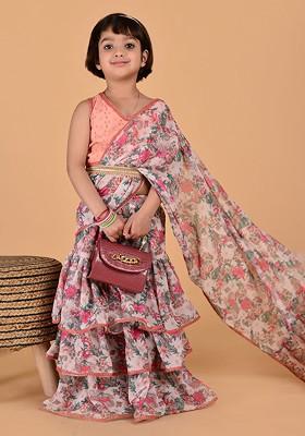 White Embroidered Blended Lehenga Choli For Girls