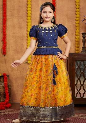 Navy Blue Embroidered Blended Lehenga Choli For Girls