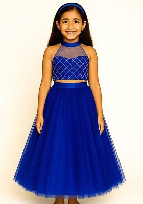 Blue Embroidered Blended Lehenga Choli For Girls