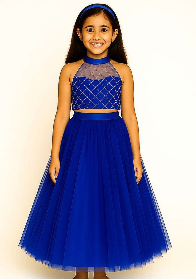 Blue Embroidered Blended Lehenga Choli For Girls - Indya