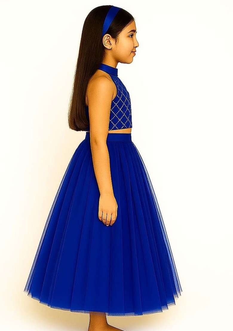Blue Embroidered Blended Lehenga Choli For Girls - Indya