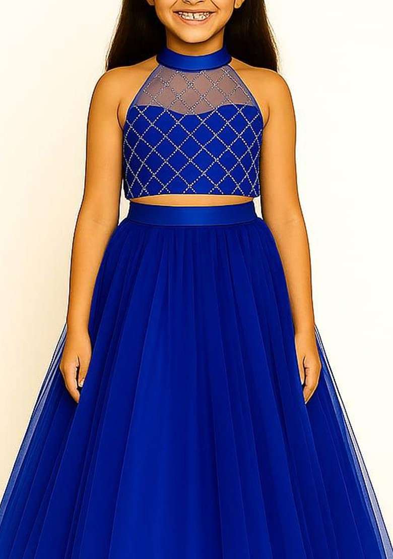 Blue Embroidered Blended Lehenga Choli For Girls - Indya