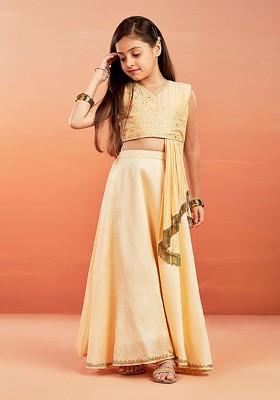 Peach Embroidered Cotton Blend Lehenga Choli For Girls
