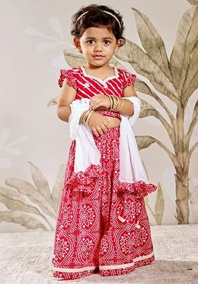 Red Embroidered Cotton Blend Lehenga Choli For Girls