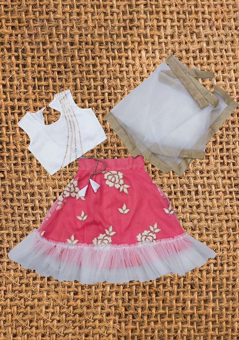Peach Embroidered Blended Lehenga Choli For Girls - Indya