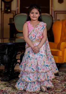 Pink Printed Blended Lehenga Choli For Girls