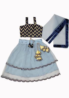 Grey Embroidered Blended Lehenga Choli For Girls