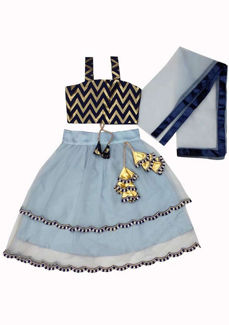 Grey Embroidered Blended Lehenga Choli For Girls - Indya