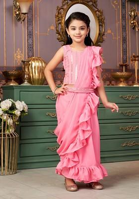 Pink Embroidered Blended Lehenga Choli For Girls