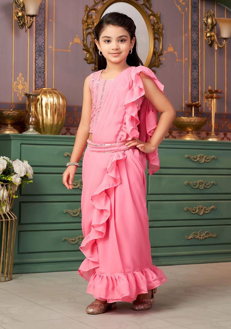 Pink Embroidered Blended Lehenga Choli For Girls - Indya