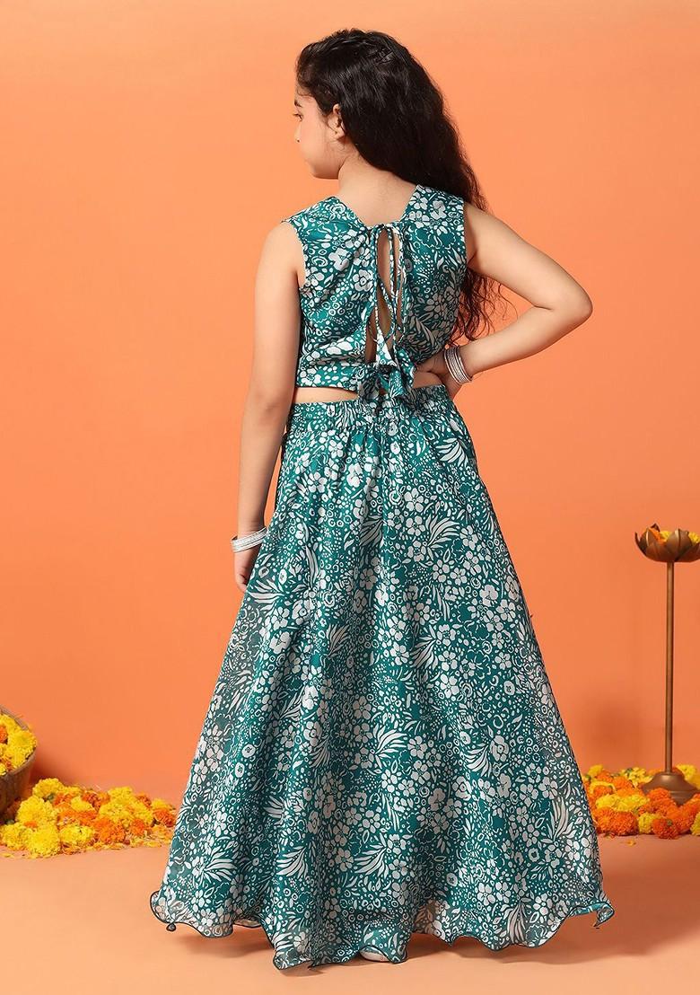 Blue Printed Blended Lehenga Choli For Girls - Indya