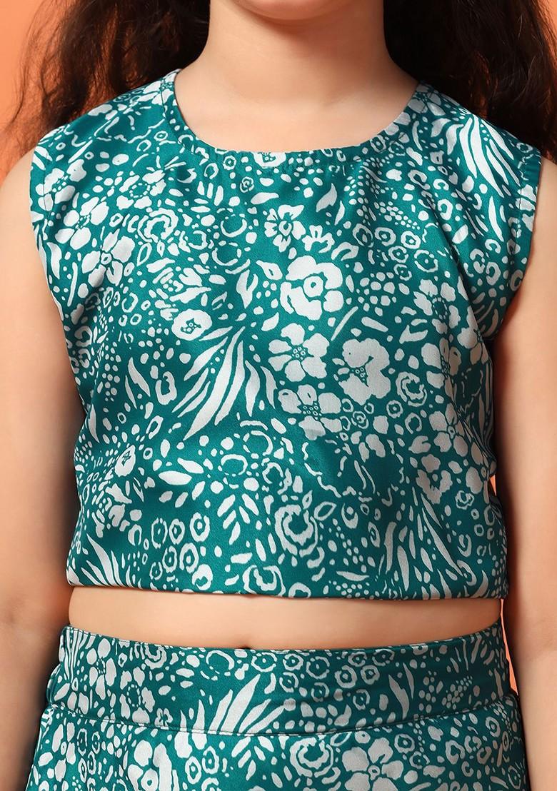 Blue Printed Blended Lehenga Choli For Girls - Indya