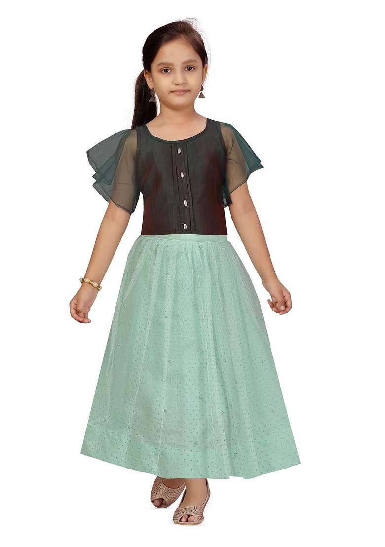 Green Embroidered Blended Lehenga Choli For Girls - Indya