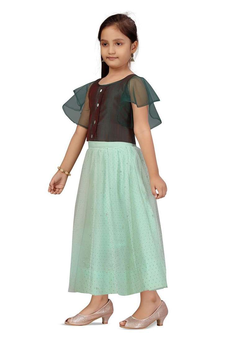 Green Embroidered Blended Lehenga Choli For Girls - Indya