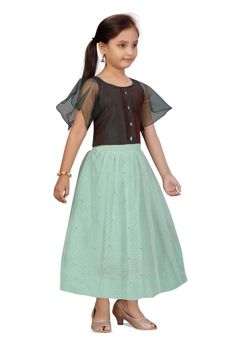 Green Embroidered Blended Lehenga Choli For Girls - Indya
