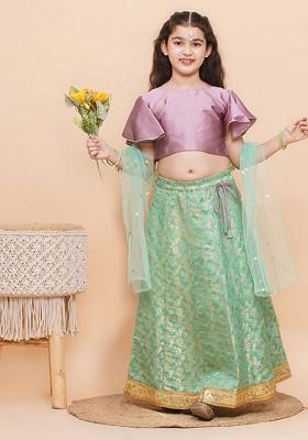 Green Embroidered Blended Lehenga Choli For Girls