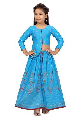 Turquoise Blue Printed Cotton Blend Lehenga Choli For Girls