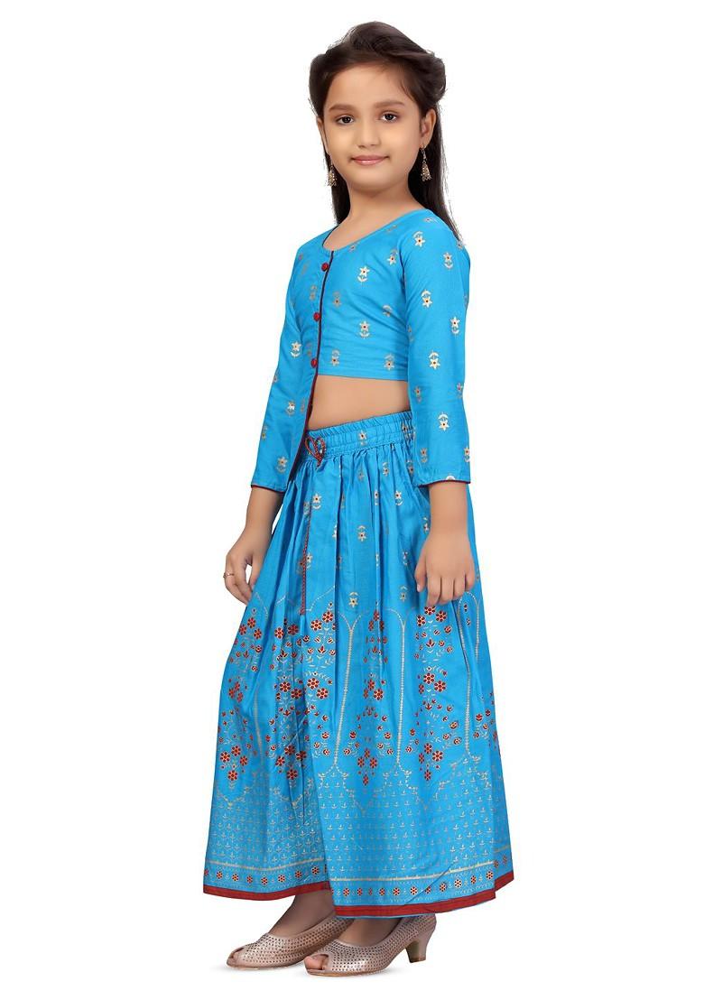 Turquoise Blue Printed Cotton Blend Lehenga Choli For Girls - Indya