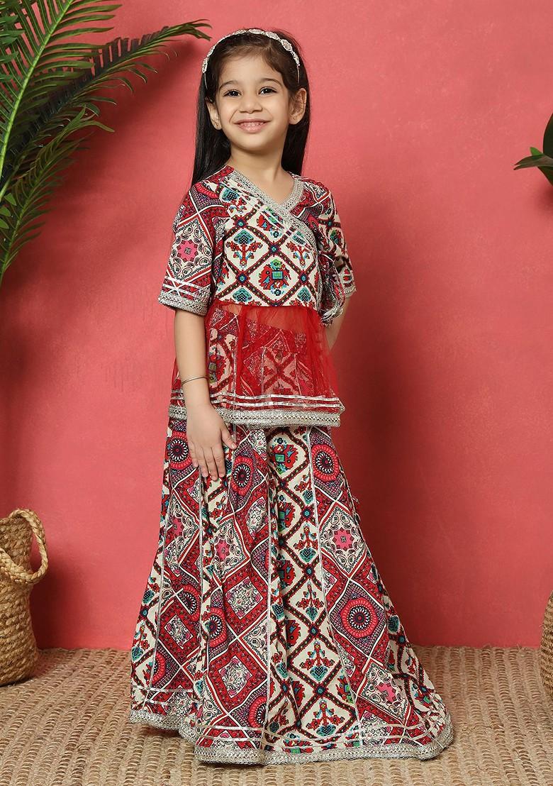 Red Printed Cotton Blend Lehenga Choli For Girls - Indya