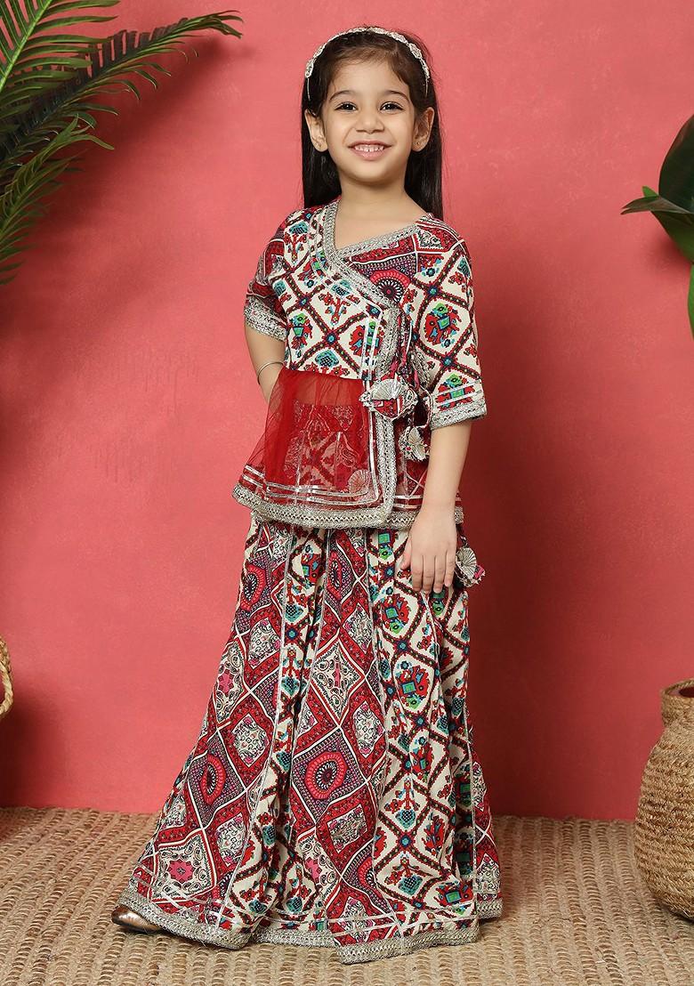 Red Printed Cotton Blend Lehenga Choli For Girls - Indya