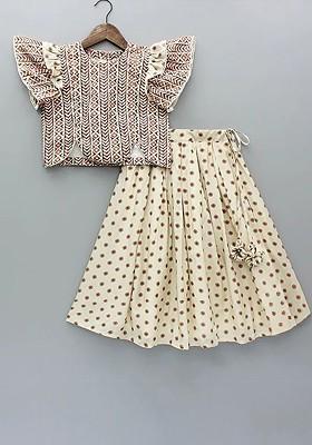 Beige Printed Blended Lehenga Choli For Girls