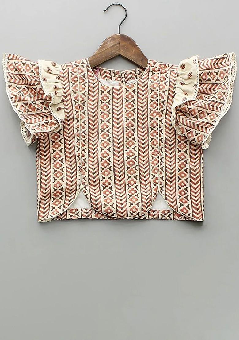 Beige Printed Blended Lehenga Choli For Girls - Indya