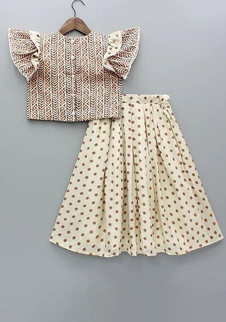 Beige Printed Blended Lehenga Choli For Girls - Indya