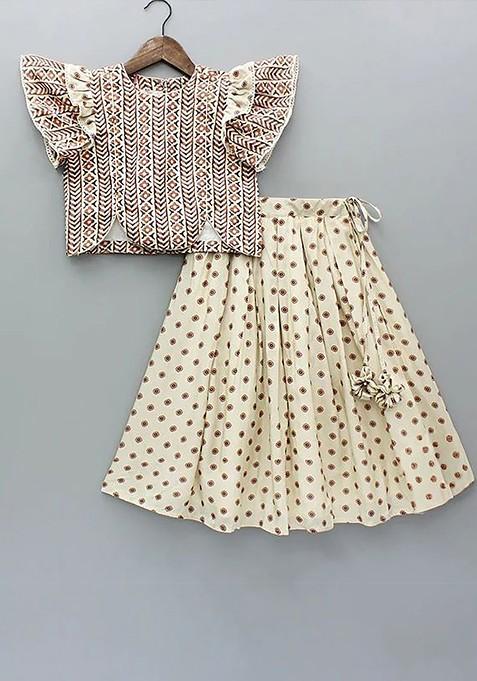 Beige Printed Blended Lehenga Choli For Girls