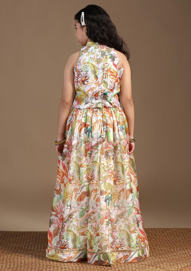 White Printed Blended Lehenga Choli For Girls - Indya