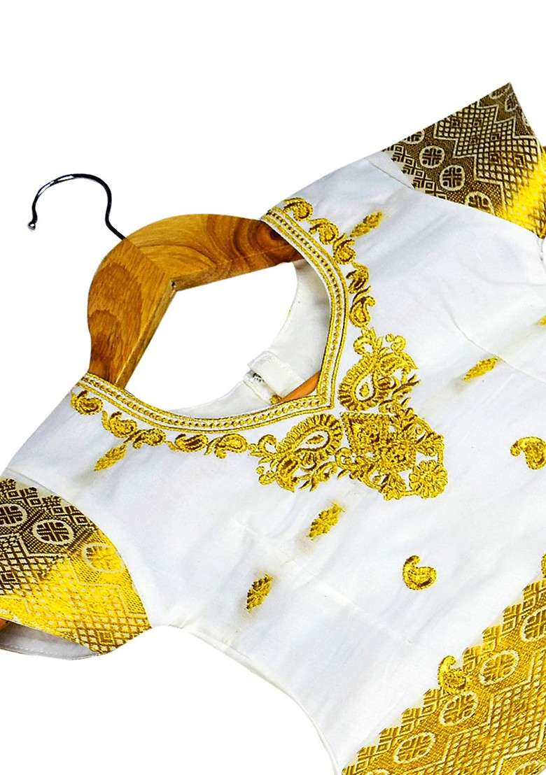 Cream Embroidered Blended Lehenga Choli For Girls - Indya