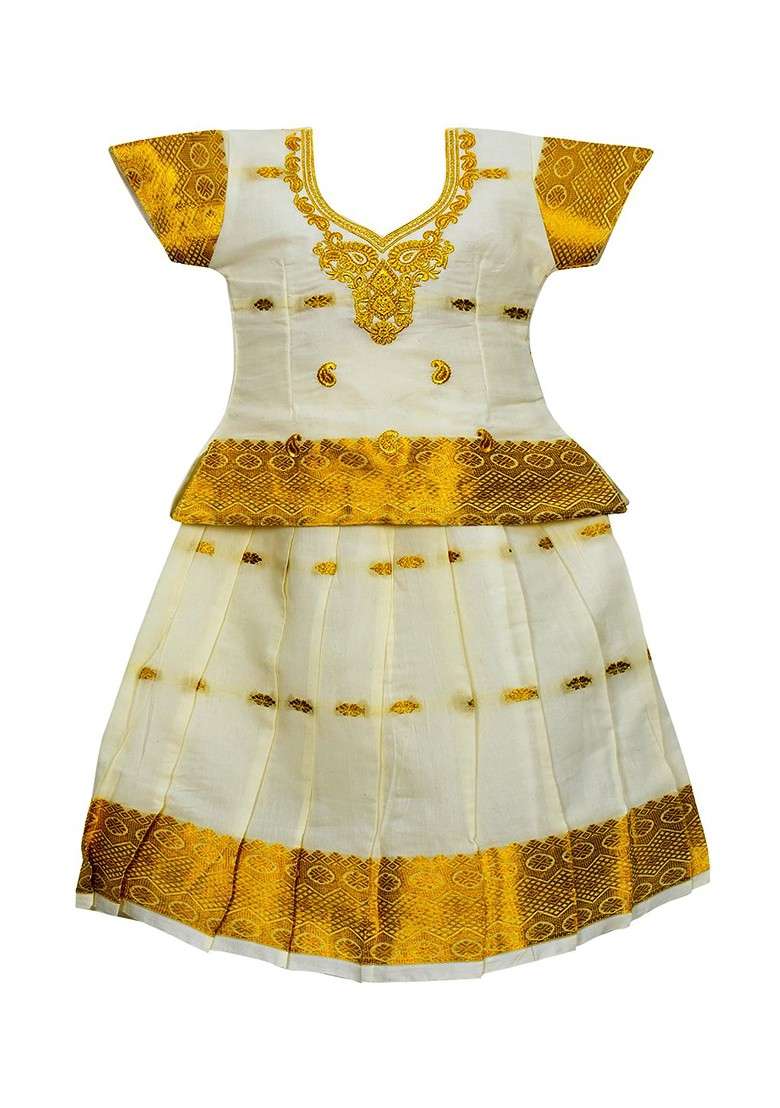 Cream Embroidered Blended Lehenga Choli For Girls - Indya