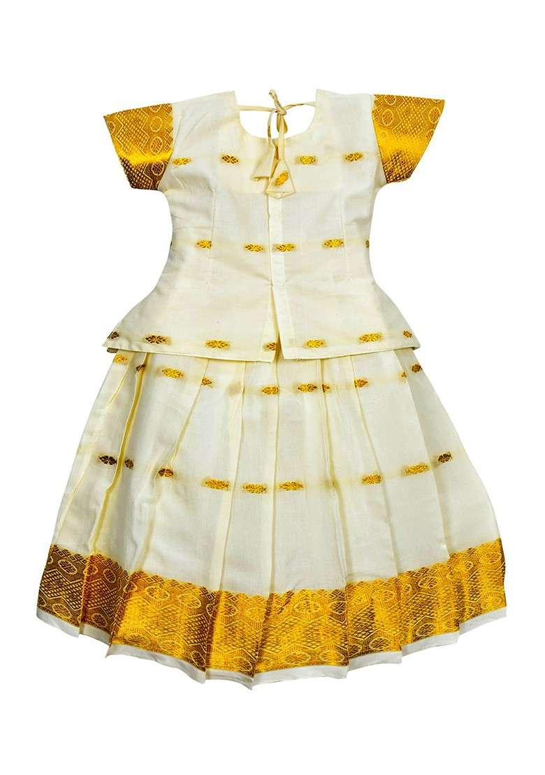 Cream Embroidered Blended Lehenga Choli For Girls - Indya