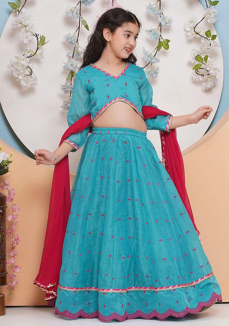 Sea Green Embroidered Blended Lehenga Choli For Girls - Indya