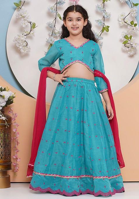 Sea Green Embroidered Blended Lehenga Choli For Girls — view on Indya