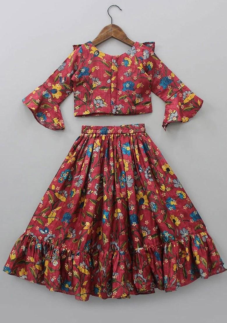 Red Printed Cotton Blend Lehenga Choli For Girls - Indya